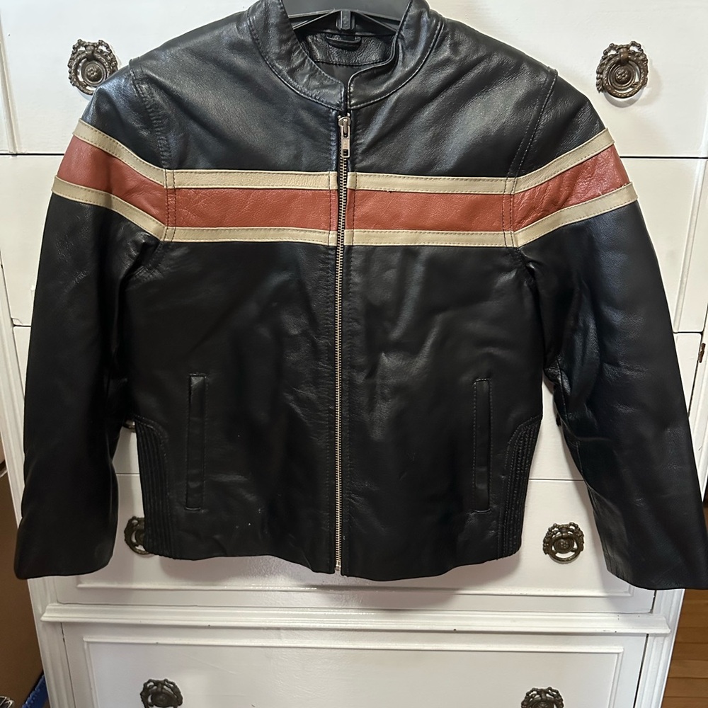Wilsons Leather Black Bomber Jacket with Red and Tan Stripes